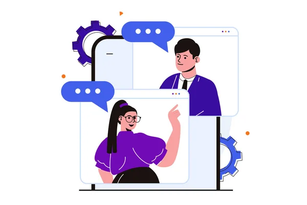 Video chat moderno concepto plano para el diseño de banners web. Colegas discuten las tareas a través de la comunicación por vídeo. Hombre y mujer hablando en diferentes pantallas. Ilustración con escena de personas aisladas — Foto de Stock