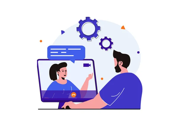 Video chatting modern flat concept for web banner design. Man listening woman via video communication and looks at computer screen. Online communication. Illustration with isolated people scene