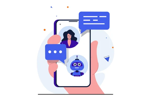 Web afişi tasarımı için sanal yardımcı modern düz konsept. Kadın sohbet robotu ile sohbet ediyor ve programın yardımıyla sorunlara çözüm arıyor. İzole edilmiş insanlar görüntüsü — Stok fotoğraf