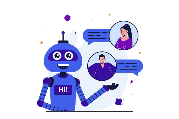 Virtual assistant modern flat concept for web banner design. Artificial intelligence robot responds to customer messages, helps and advises in app. Illustration with isolated people scene