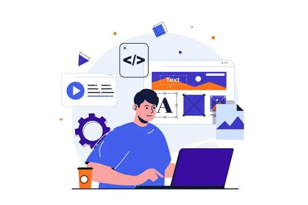 Web-Designer modernes flaches Konzept für die Gestaltung von Webbannern. Man arbeitet mit Website-Layout, platziert Bilder und andere grafische Elemente, optimierter Seitencode. Illustration mit isolierter Szene — Stockfoto