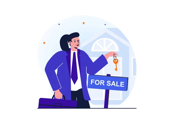 Women working modern flat concept for web banner design. Woman works as realtor in real estate agency. Agent holds key and standing near house for sale. Illustration with isolated people scene — Stock Photo, Image