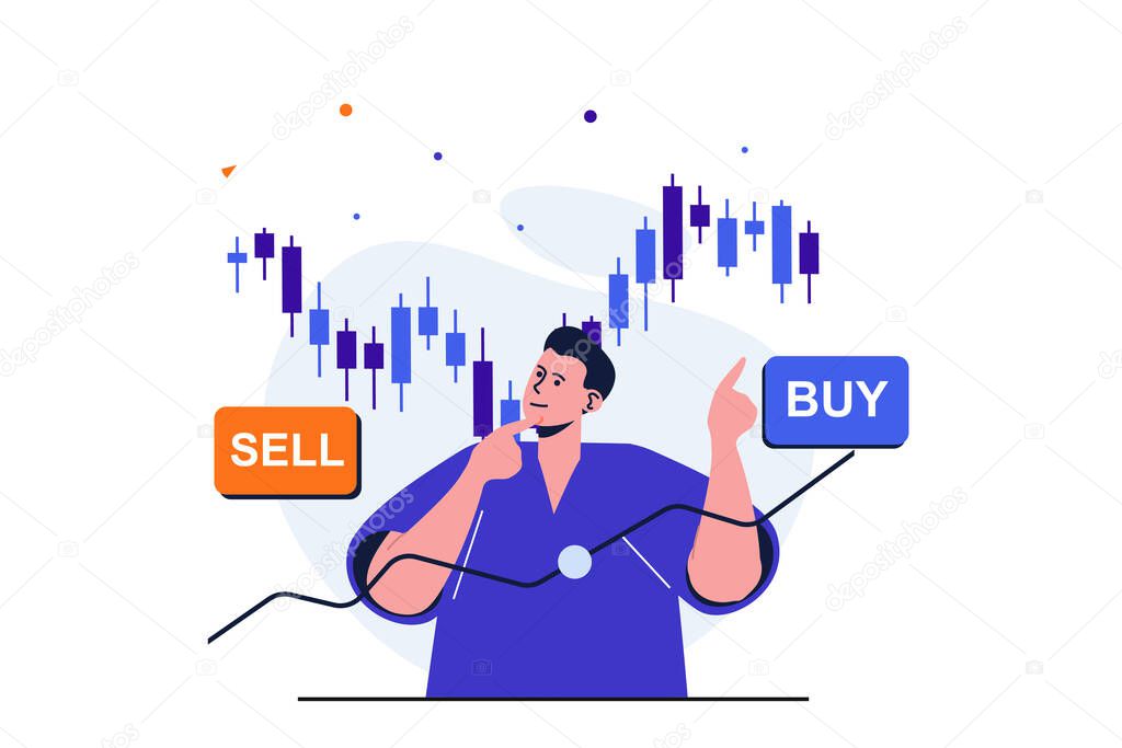 Stock market modern flat concept for web banner design. Male trader buys and sells on stock exchange, analyzes charts and statistics, invests money. Illustration with isolated people scene