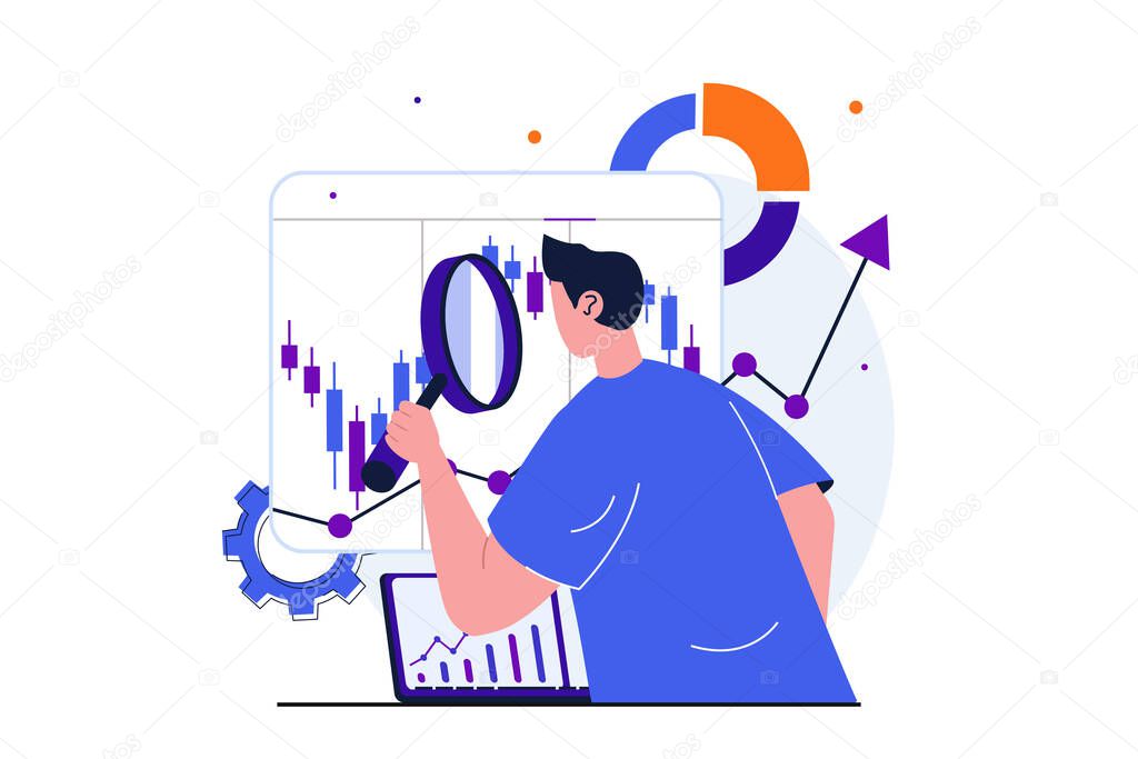 Stock market modern flat concept for web banner design. Man with magnifier analyzes statistic, creates success investment strategy and increases profits. Illustration with isolated people scene