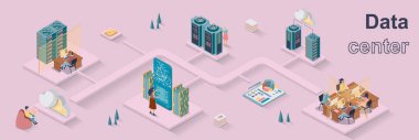 Veri merkezi konsepti 3d izometrik web pankartı. İnsan mühendisleri sunucu odalarında çalışır, yazılım ve donanım veritabanının işletilmesini destekler. İniş sayfası ve şablon tasarımı için vektör illüstrasyonu