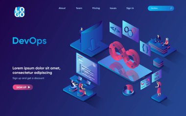 DevOps konsepti 3d izometrik web iniş sayfası. Ekipte çalışan insanlar, programcılar teknik destek mühendisleri, geliştirme operasyonları ile etkileşim halindeler. Web şablonu tasarımı için vektör illüstrasyonu