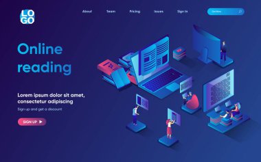Çevrimiçi okuma konsepti 3d izometrik web iniş sayfası. İnsanlar e-kitap okuyor ve farklı cihazlar, e-öğrenme ve dijital kütüphane kullanarak ders kitapları okuyor. Web şablonu tasarımı için vektör illüstrasyonu
