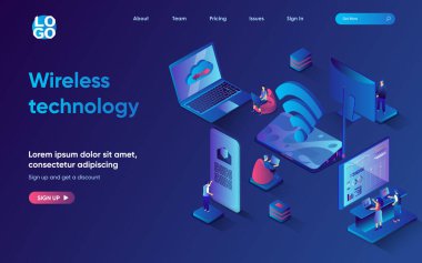 Kablosuz teknoloji konsepti 3D izometrik web iniş sayfası. İnsanlar internet erişimi için bilgisayara, akıllı telefona ya da çevrimiçi bağlantıya kablosuz bağlantı kuruyor. Web şablonu tasarımı için vektör illüstrasyonu