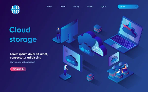 Cloud opslag concept 3d isometrische web landing page. Mensen uploaden en overdragen bestanden met behulp van cloud-technologie, werken met online databases en maken back-ups. Vector illustratie voor web template ontwerp — Stockvector