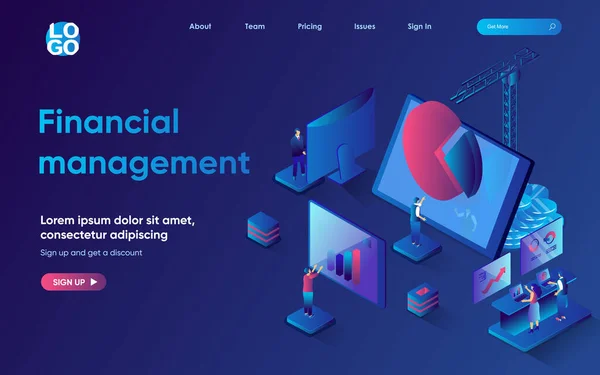 Concepto de gestión financiera 3d página de destino web isométrica. Las personas analizan datos sobre ingresos y gastos, contabilidad, crean una estrategia para aumentar los ingresos. Ilustración vectorial para diseño de plantillas web — Vector de stock