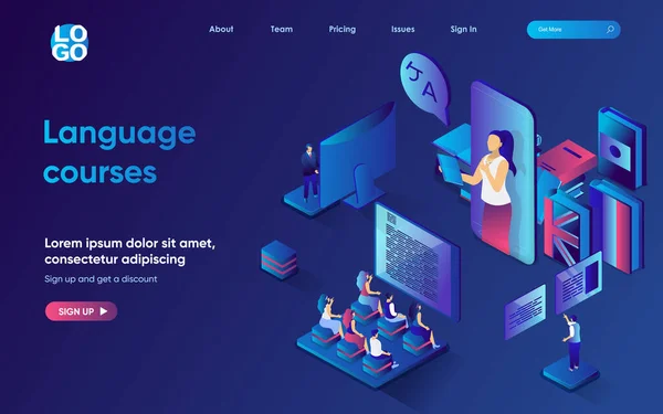 Språkkurskoncept 3D isometrisk webblandningssida. Människor studerar främmande språk på kurser, studerar med lärare i klassrum och online-applikationer. Vektor illustration för webbmall design — Stock vektor