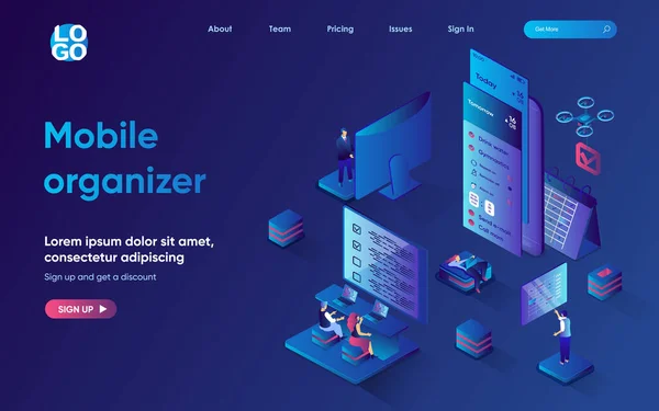 Mobiles Organisationskonzept 3d isometrische Web-Landing-Page. Menschen verwalten Dateien in Bewerbungen, planen Aufgaben und Besprechungen, setzen Ziele, Zeitmanagement. Vektor-Illustration für Web-Template-Design — Stockvektor