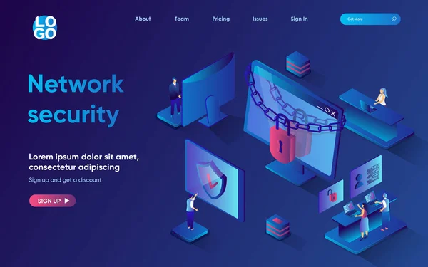 Network security concept 3d isometric web landing page. People use secure access to accounts, server protection system and data protection on Internet. Vector illustration for web template design — Stock Vector