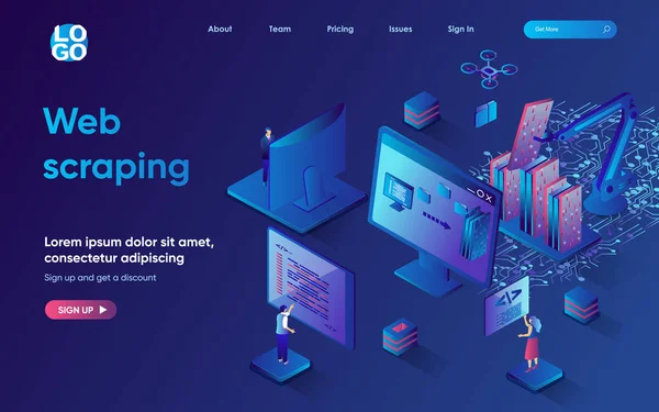 ウェブスクレイピングコンセプト3Dアイソメトリックウェブランディングページ.人々は、ウェブサイトやユーザー行動調査からデータを自動的に収集して分析するためにサービスを使用します。Webテンプレートデザイン用ベクトルイラスト — ストックベクタ