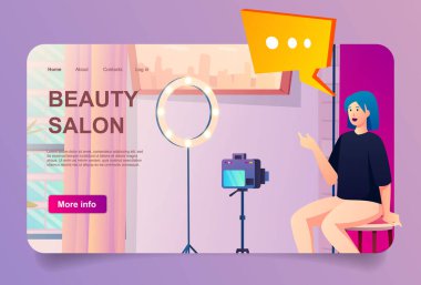 İniş sayfası için blog yazarları odası konsepti. Kadın blogger profesyonel stüdyoda kamera ve teçhizat lambasıyla video içeriği kaydediyor. Web sayfası için insanlarla vektör illüstrasyonu