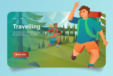İniş sayfası için çizgi film tasarımı içinde orman konseptinde yürüyüş yapan gezginler. Sırt çantalı erkekler yeşil ormanda, kamp ve dağ turizminde koşar. Web sayfası için insanlarla vektör illüstrasyonu