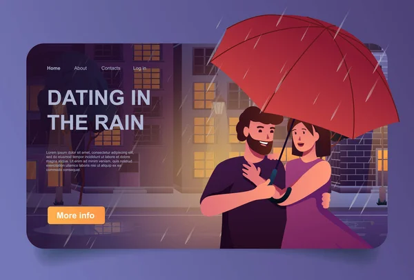 İniş sayfası için çizgi film tasarımında yağmur konseptiyle çıkmak. Birbirlerine sarılıp şemsiye altında yürüyorlar. Yağmurlu bir akşamda erkek ve kadın buluşuyor. Web sayfası için insanlarla vektör illüstrasyonu — Stok Vektör