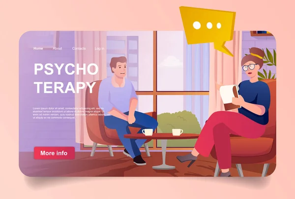 Pszichoterápiás koncepció rajzfilm design kezdőlapra. A férfi női pszichoterapeutával beszél, miközben karosszékben ül. Pszichológusok irodája. Vektoros illusztráció emberekkel a honlapon — Stock Vector