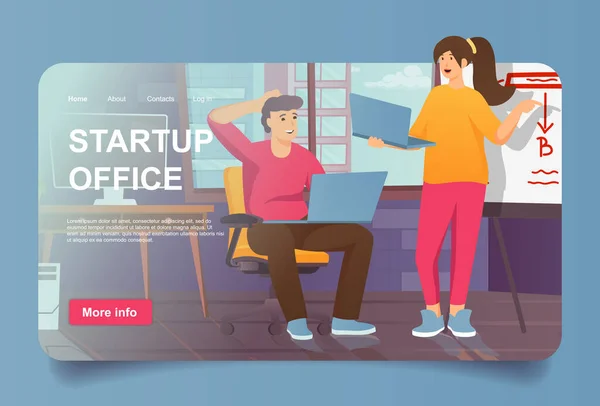 Startup-Bürokonzept im Cartoon-Design für die Zielseite. Business-Team starten neue Projekte und entwickeln Marketingstrategien und ziehen Investitionen an. Vektorillustration mit Menschen für Web-Homepage — Stockvektor