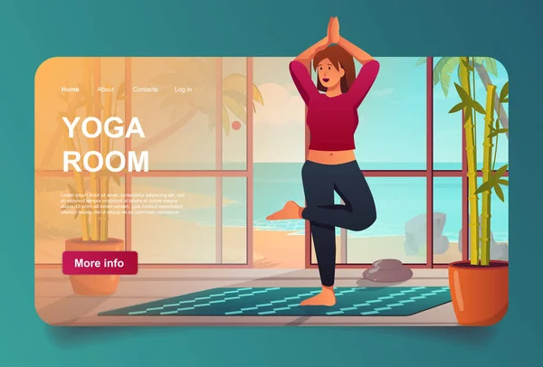 Concepto de sala de yoga en diseño de dibujos animados para landing page. Mujeres haciendo asana, ejerciendo la habilidad de equilibrio y de pie en la estera en el estudio en el balneario. Ilustración vectorial con personas para la página web — Vector de stock