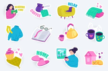 Çizgi film dizaynında şirin çıkartmalar. Kitap okuyan bir sürü kadın, koltuk, kahve, battaniye, kazak, çaydanlık, kek ve diğer şeyler. Planlayıcı ya da düzenleyici şablonu için vektör illüstrasyonu
