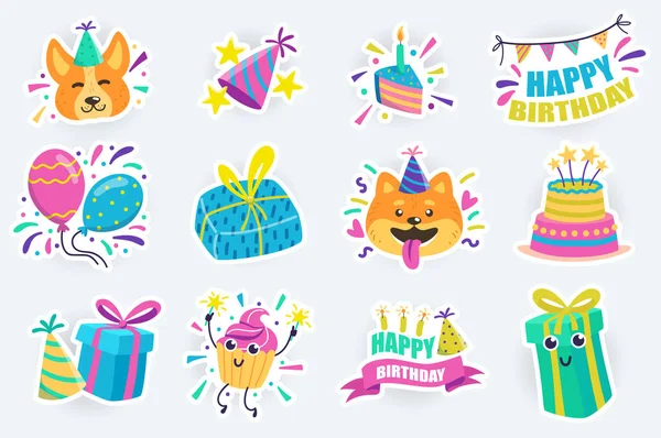 Születésnapi party aranyos matricák meg lapos rajzfilm design. Csomó ünnepi torta, ajándékok, vicces kutyák ünnepi kalapban, lufik, koszorúk és mások. Vektoros illusztráció tervező vagy szervező sablonhoz — Stock Vector