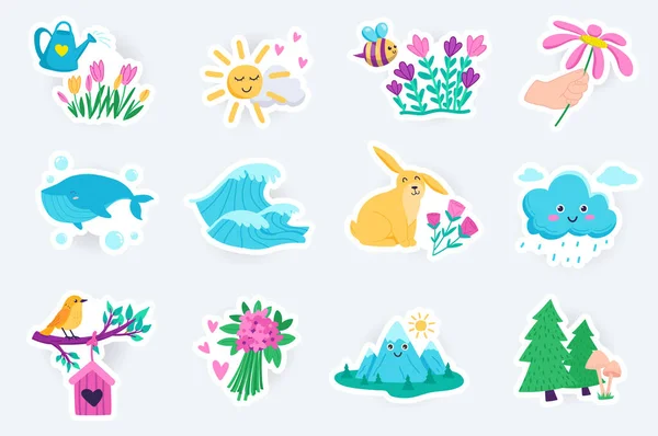 Natuur schattige stickers in platte cartoon ontwerp. Bundel zon, wolken, bloemen, walvissen, oceaangolven, konijnen, regen, vogels, bergen, bossen en andere. Vector illustratie voor planner of organisator sjabloon — Stockvector