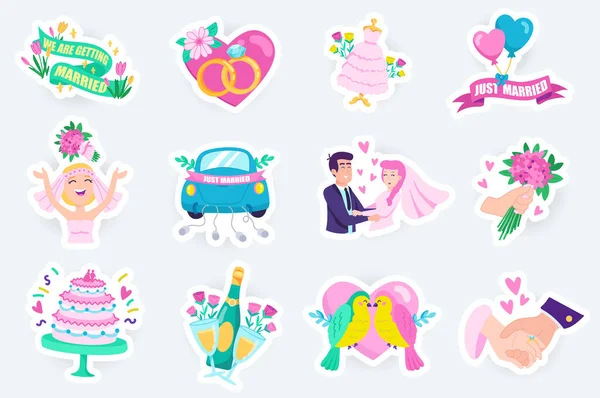 Autocollants mignons de mariage mis dans la conception de dessin animé plat. Paquet de mariage, coeur, bague, robe, mariée et marié, ballon, bouquet, voiture, amour et autres. Illustration vectorielle pour modèle de planificateur ou d'organisateur — Image vectorielle