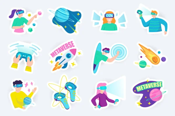 Stickers mignons Metaverse dans un dessin animé plat. Bundle d'homme et de femme dans le casque VR, joystick, jeu, fusée, espace, contrôleur et autre. Illustration vectorielle pour modèle de planificateur ou d'organisateur — Image vectorielle