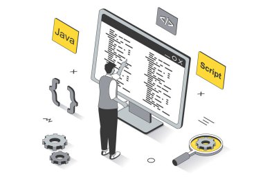 3d izometrik tasarım geliştirme konsepti. Geliştirici programlar ve Java dilinde yazılar, spriptler, mühendislik ve optimizasyonlar, line web şablonu oluşturur. İnsan sahnesiyle ilüzyon