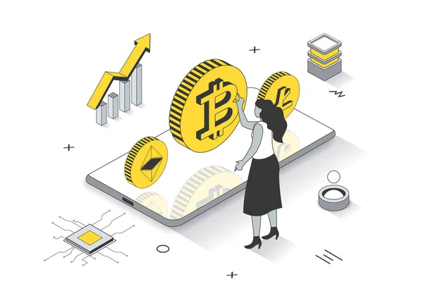 Concepto de criptomoneda en el diseño de contorno isométrico 3d. Mujer invierte dinero en bitcoins y otra moneda, aumenta los ingresos y la minería criptográfica, plantilla web línea. Ilustración con escena de personas — Foto de Stock