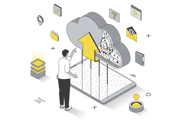 Concepto de tecnología en la nube en el diseño de contorno isométrico 3d. El usuario carga y comparte archivos en línea, crea copias de seguridad, almacenamiento en la nube y computación, plantilla web de línea. Ilustración con escena de personas — Foto de Stock