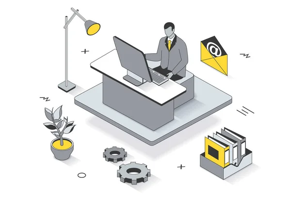 Επιχειρηματική ιδέα γραφείου σε 3d ισομετρική σχεδίαση περιγράμματος. Υπάλληλος εργάζεται στον υπολογιστή στο χώρο εργασίας, τη ροή εργασίας και τη διαχείριση εγγράφων στην εταιρεία, γραμμή πρότυπο web. Εικονογράφηση με ανθρώπους σκηνή — Φωτογραφία Αρχείου