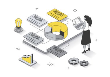 3D izometrik tasarım içinde veri analizi kavramı. Kadınlar istatistik okuyor ve grafikleri ve grafikleri araştırıyor, mali raporlar hazırlıyor, web şablonu çiziyor. İnsan sahnesiyle ilüzyon