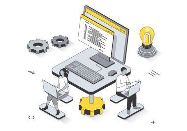 Yazılım programlama konsepti 3 boyutlu izometrik tasarım. Geliştirme ekibi programları, test ve optimize bilgisayar programları, ofiste çalışır, line web şablonu. İnsan sahnesiyle ilüzyon