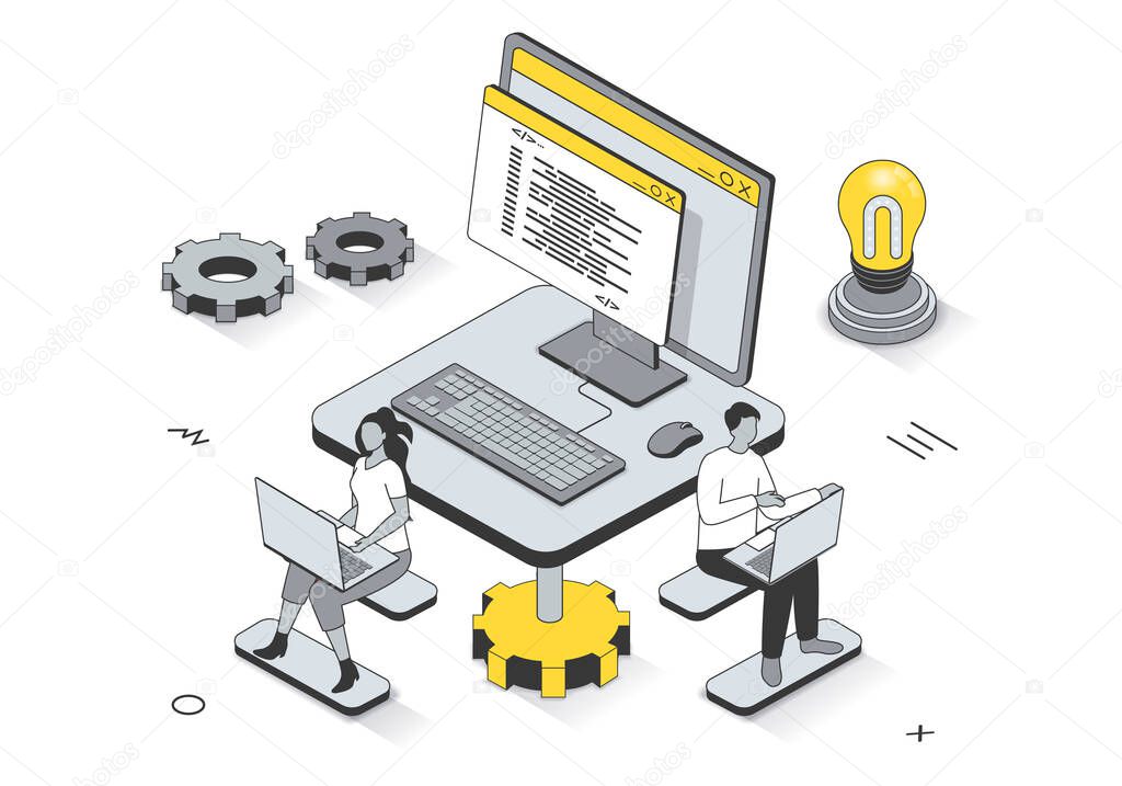 Software programming concept in 3d isometric outline design. Development team programs, tests and optimizes computer programs, works in office, line web template. Illustration with people scene