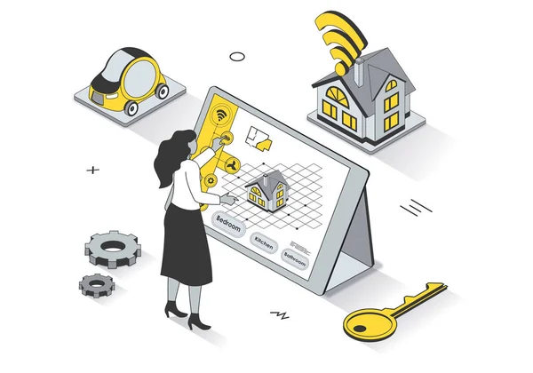 Concepto de hogar inteligente en diseño de contorno isométrico 3d. La mujer controla los sensores en la casa mediante computadora, monitoreo de sistemas, seguridad y automatización, plantilla de web de línea. Ilustración con escena de personas — Foto de Stock