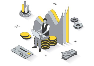 3D izometrik tasarım finans konsepti. Adam mali istatistikleri analiz eder, yatırım yapar, karı arttırır, denetleme ve muhasebe, line web şablonu. İnsan sahnesiyle ilüzyon