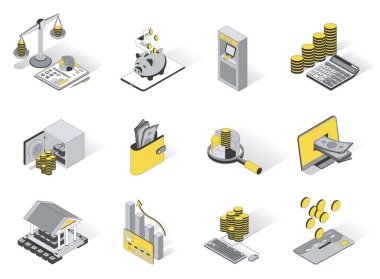 Bankacılık ve finans 3D izometrik simgeler ayarlandı. Bütçe hesaplarının unsurları, kumbara, ATM, parayı güvende tutmak, finansal istatistikler. Modern izometri tasarımında vektör illüstrasyonu