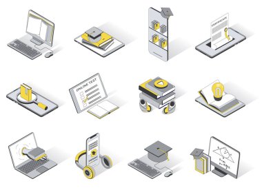 Çevrimiçi eğitim 3d izometrik simgeler ayarlandı. E-kitap okuma, çevrimiçi kütüphane, uzaktan öğrenme, test etme, ders dinleme, mezuniyet öğeleri. Modern izometri tasarımında vektör illüstrasyonu