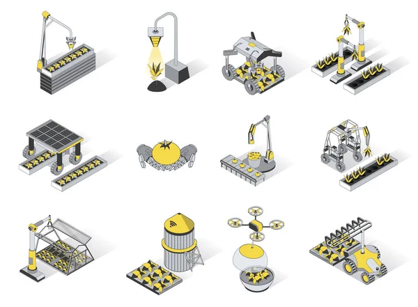 Landwirtschaft Robotisierung 3D isometrische Symbole gesetzt. Verpacken Sie Elemente intelligenter landwirtschaftlicher Geräte, Roboterarme und Maschinen für den Anbau von Pflanzen und die Ernte. Vektor-Illustration im modernen Isometrie-Design — Stockvektor