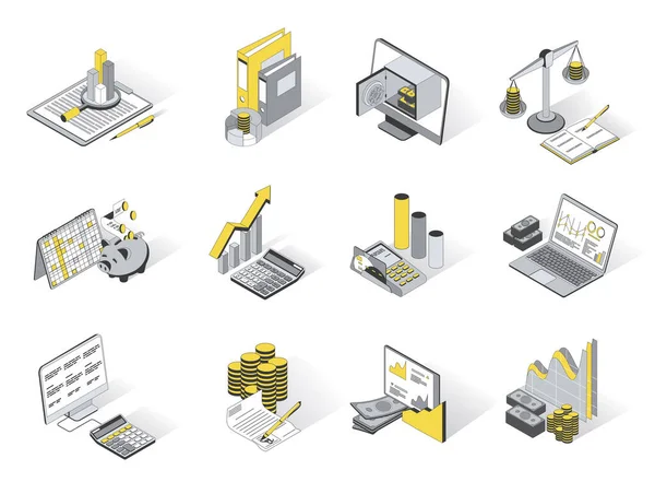 Finance and banking 3d isometric icons set. Pack elements of financial data analysis, accounting, budget, savings at piggy bank, money, coins, credit. Vector illustration in modern isometry design — Stock Vector