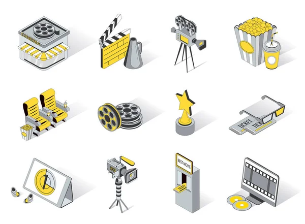 Movie production 3d isometric icons set. Pack elements of cinema, video camera, clapperboard, megaphone, film reels, awards, tickets, popcorn and drinks. Vector illustration in modern isometry design — Stock Vector