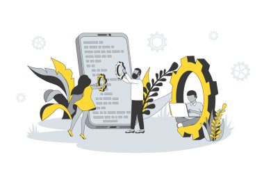 Takım geliştirme uygulamaları düz çizgi tasarımında. Cep telefonu uygulamalarını, yazma ve test kodlarını, mühendislik programlarını insanlar ayarlar ve optimize eder. Web için özet sahnesi olan vektör illüstrasyonu