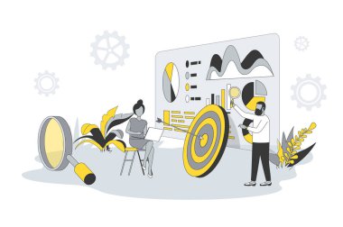 SEO optimizasyon konsepti düz çizgi tasarımında. İnsanlar verileri analiz eder, arama motorları için ayarlar yapar, anahtar sözcükleri seçer, popüler sorular için optimize eder. Web için özet sahnesi olan vektör illüstrasyonu