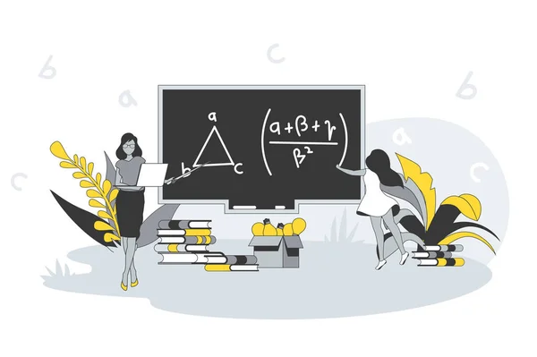 Teaching and education concept in flat line design. People studying, tutors and coaches explain lesson and showing on blackboard and students learning. Vector illustration with outline scene for web — стоковый вектор