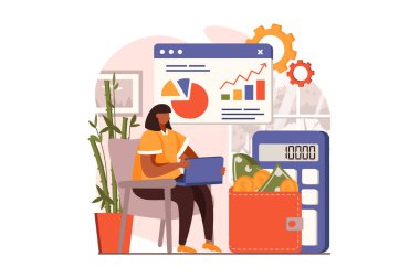 Düz tasarımda bütçe web konsepti analiz ediliyor. Verileri analiz eden, mali rapor hazırlayan, iş dünyasına para yatıran bir kadın. Denetleme ve finans yönetimi. İnsan sahnesi ile vektör illüstrasyonu