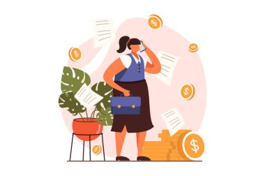 Düz tasarımda iş aktiviteleri web konsepti. Kadın danışmanlığı telefonla arıyor. Evrak çantalı girişimci anlaşma yapıyor. Ofiste çalışan iş adamları. İnsan sahnesi ile vektör illüstrasyonu