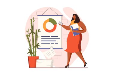 Düz tasarımda iş aktiviteleri web konsepti. Kadın iş arkadaşlarıyla toplantıda sunum için mali rapor hazırlıyor. Ofiste çalışan iş adamları. İnsan sahnesi ile vektör illüstrasyonu