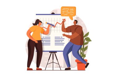 Daire dizaynında iş görüşmesi web konsepti. Erkek ve kadın verileri ve istatistikleri analiz eder, fikirler üretir ve tartışırlar. İş arkadaşları konferansta beyin fırtınası yapıyor. İnsan sahnesi ile vektör illüstrasyonu